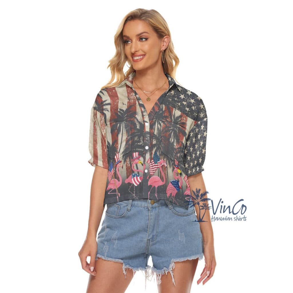 American Flag 4th Of July Flamingo Hawaiian Cropped Shirt For Women