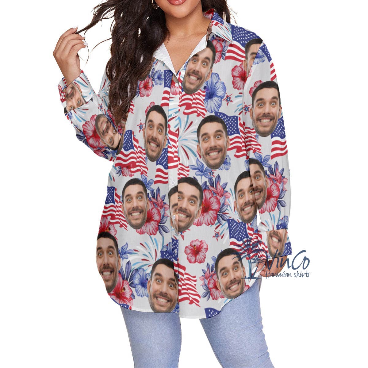 American Flag Custom Face Floral Plus Size Hawaiian Shirt For Women
