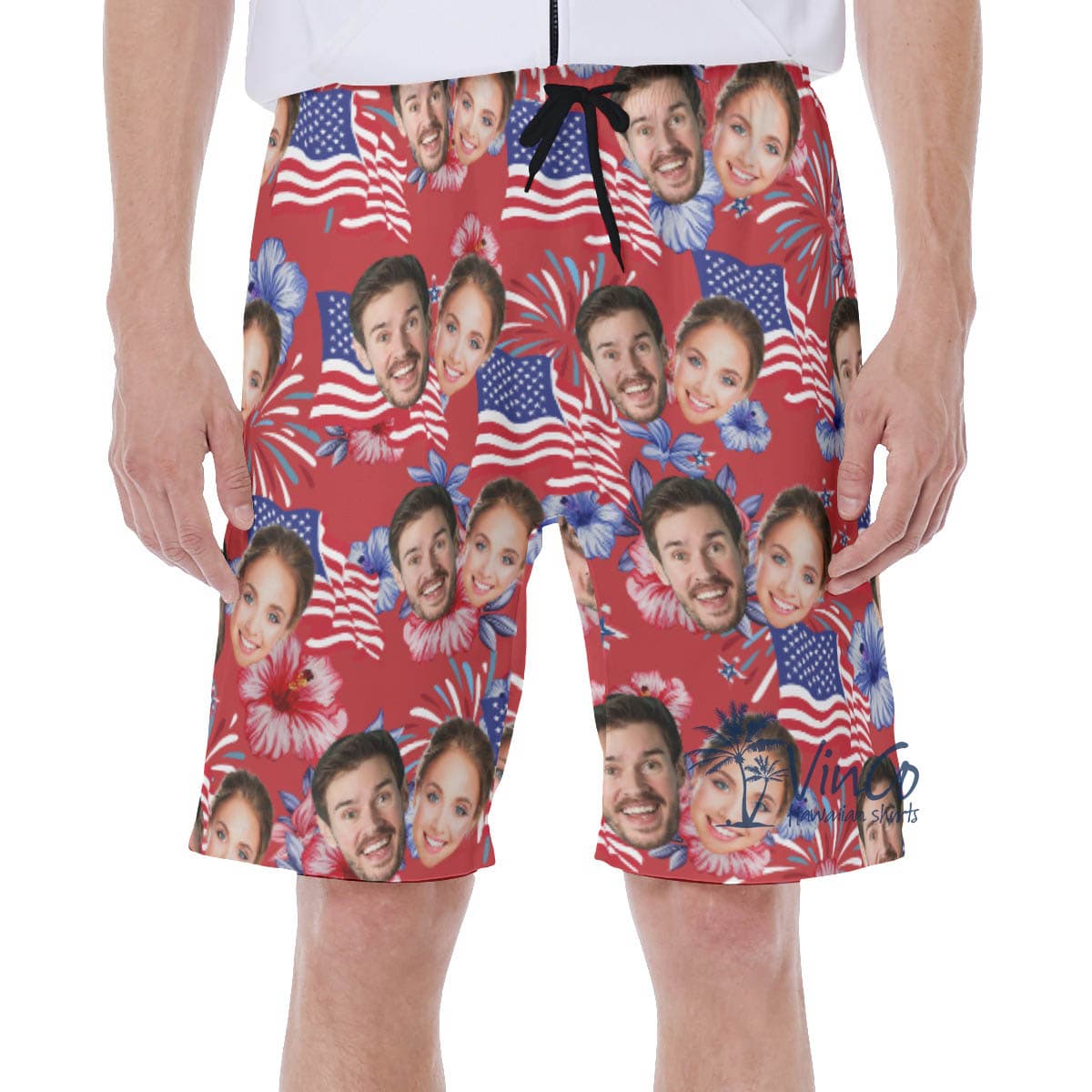 American Flag Custom Multiple Faces Floral Hawaiian Swim Trunks For Men