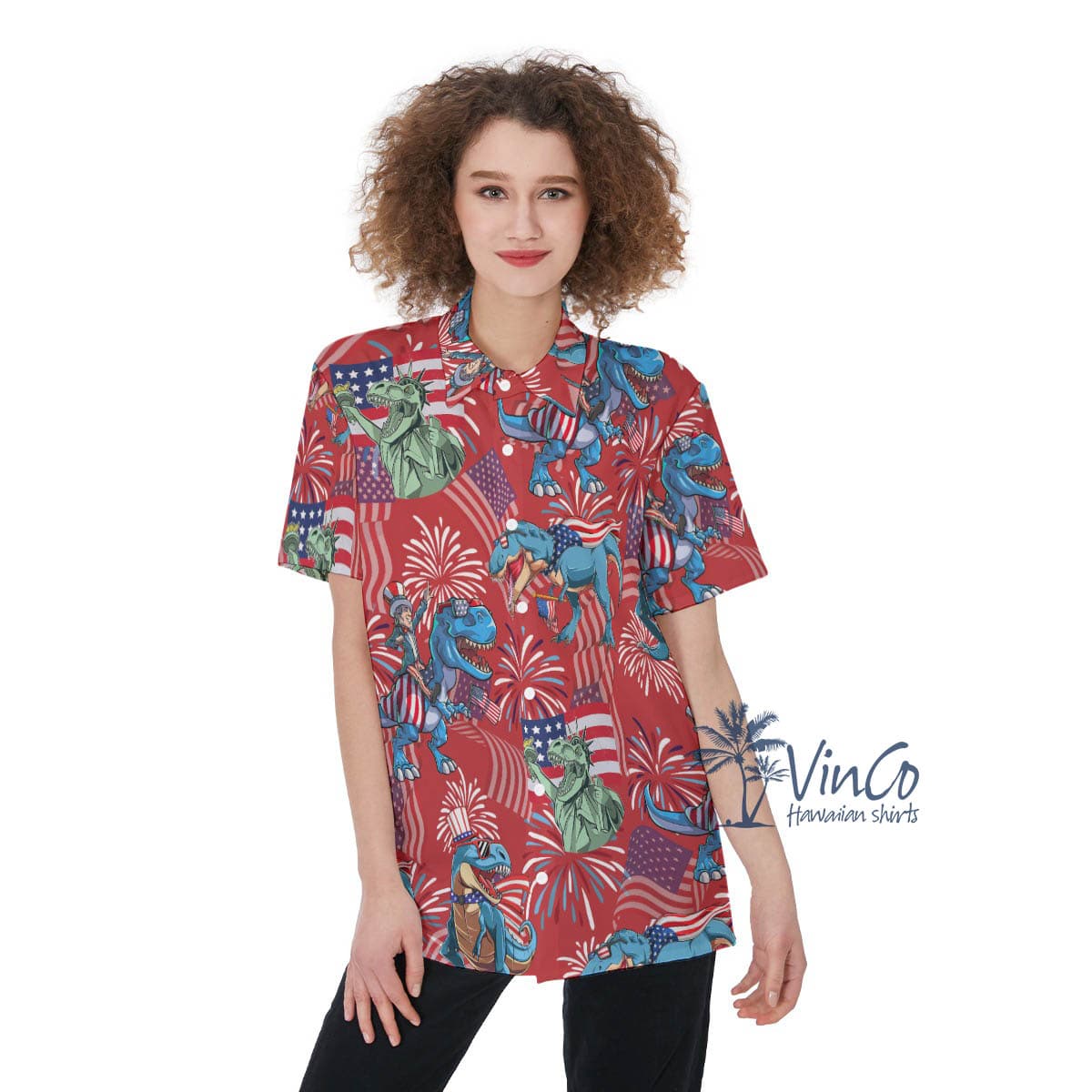 American Flag Dinosaur 4th Of July Hawaiian Shirts For Women