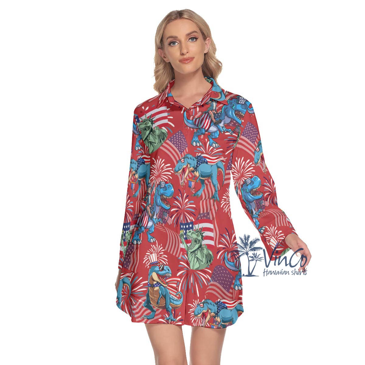 American Flag Dinosaur Red Hawaiian Shirt Dress With Long Sleeve For Women