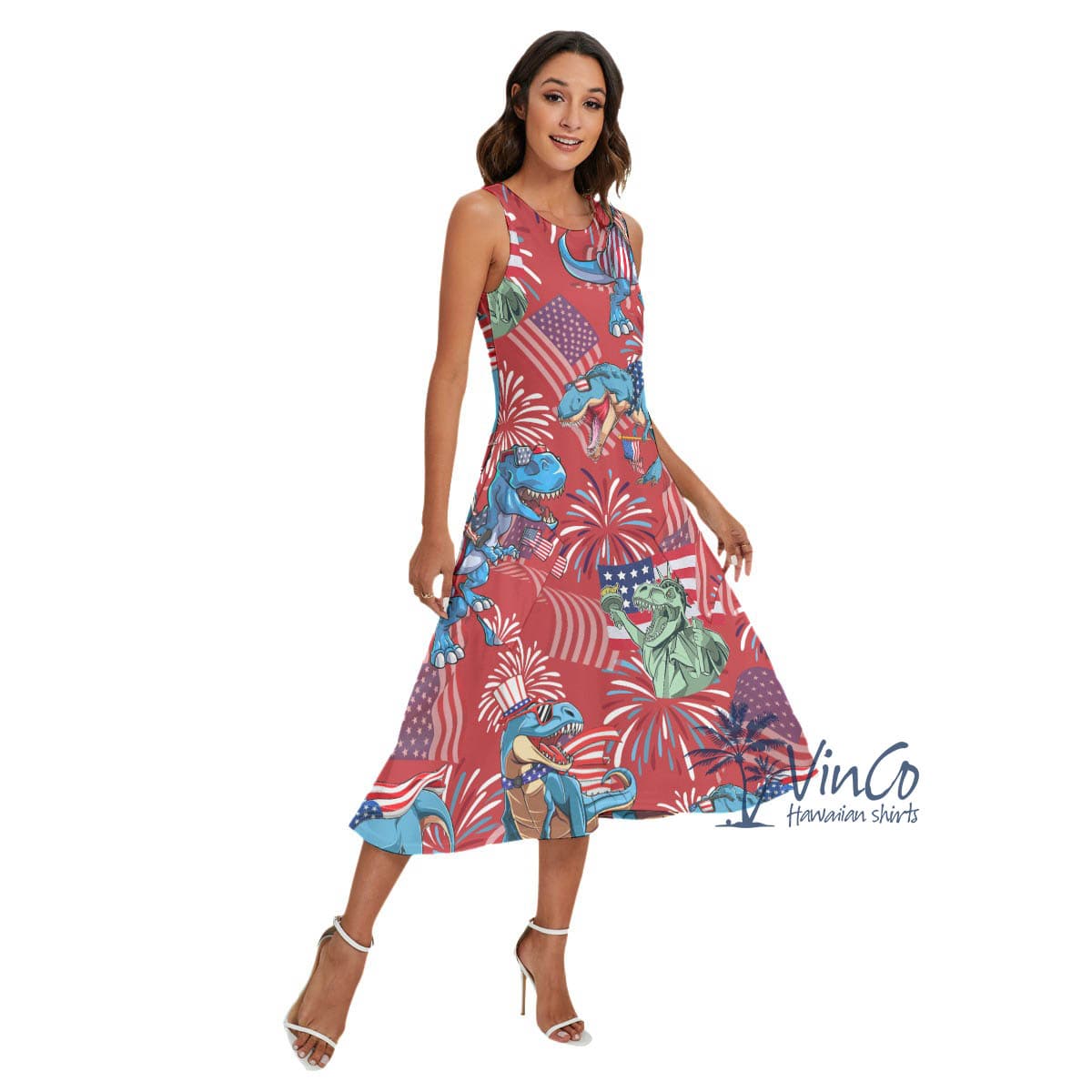 American Flag Dinosaur Red Luau Dress