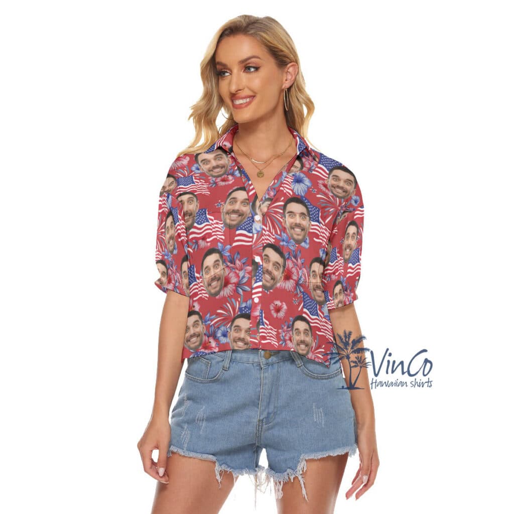 American Flag Firework Custom Face Aloha Crop Top Shirt For Women