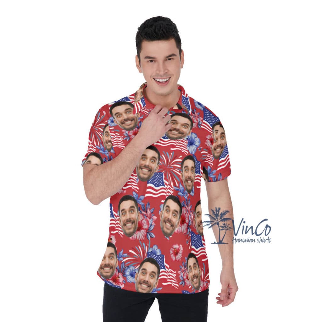 American Flag Firework Custom Face Hawaiian Polo Shirt For Men