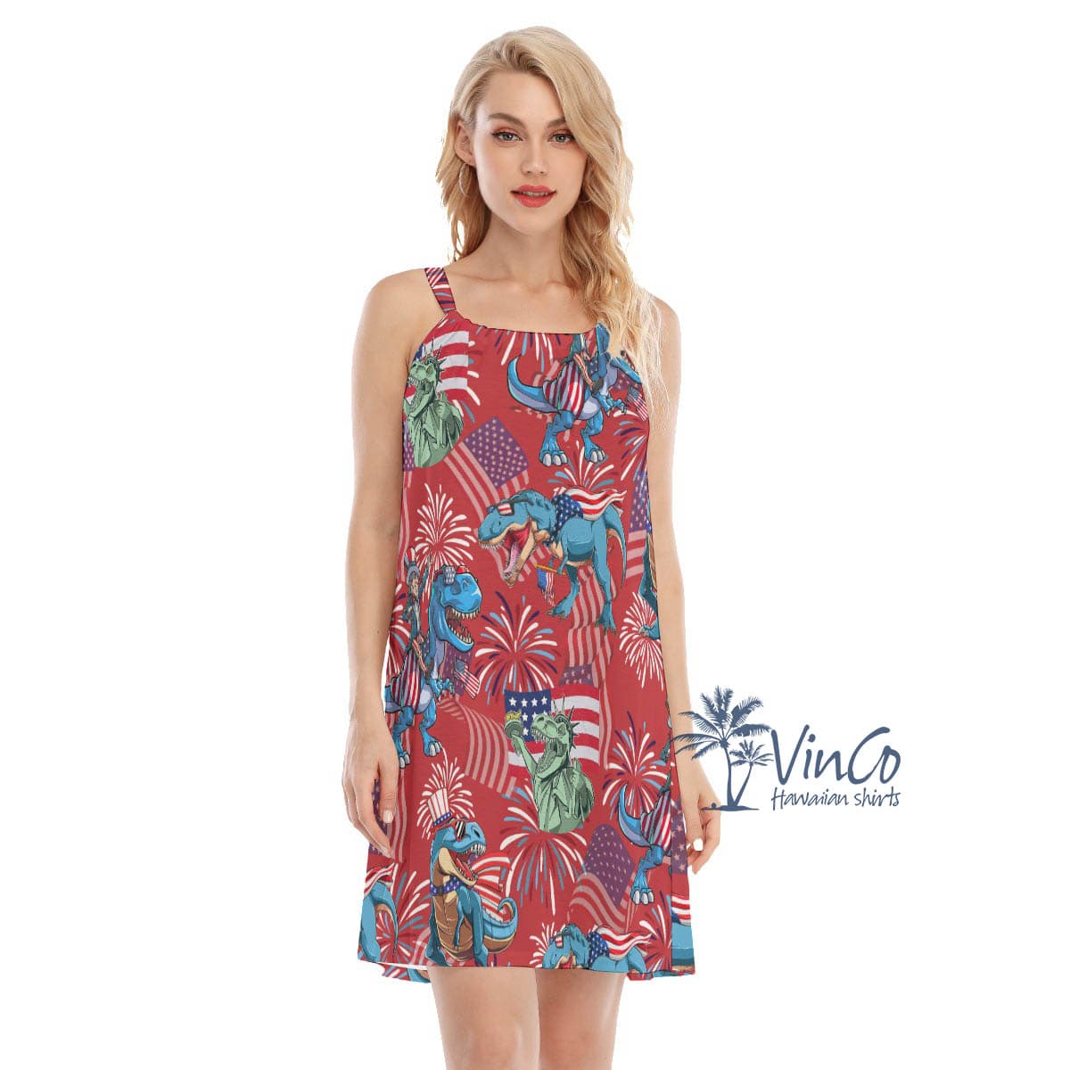 American Flag Firework Dinosaur Red Hawaiian Dresses For Women (3)