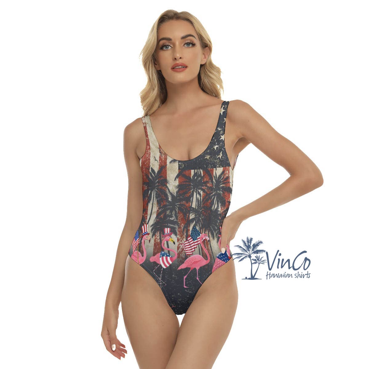 American Flag Flamingo Hawaiian Swimsuit For Women (4)