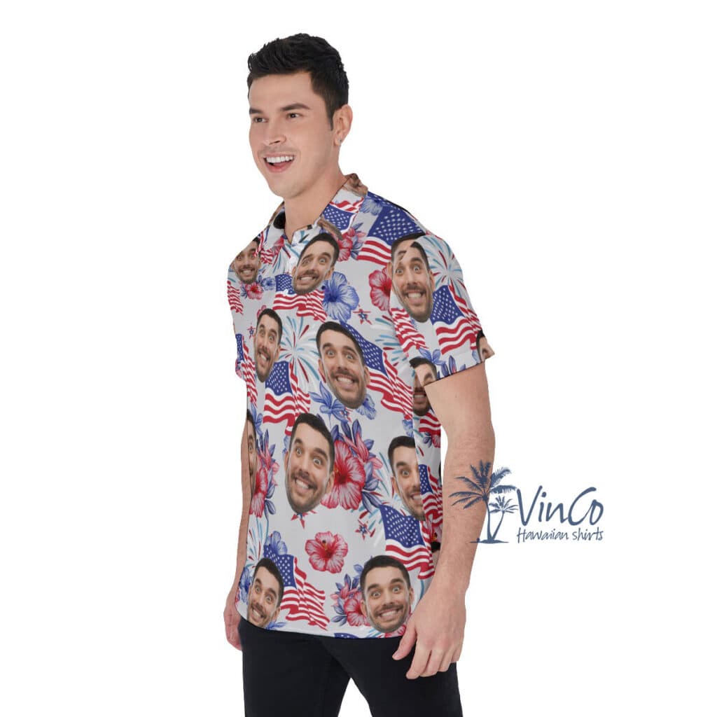 American Flag Floral Custom Face Hawaiian Polo Shirt For Men