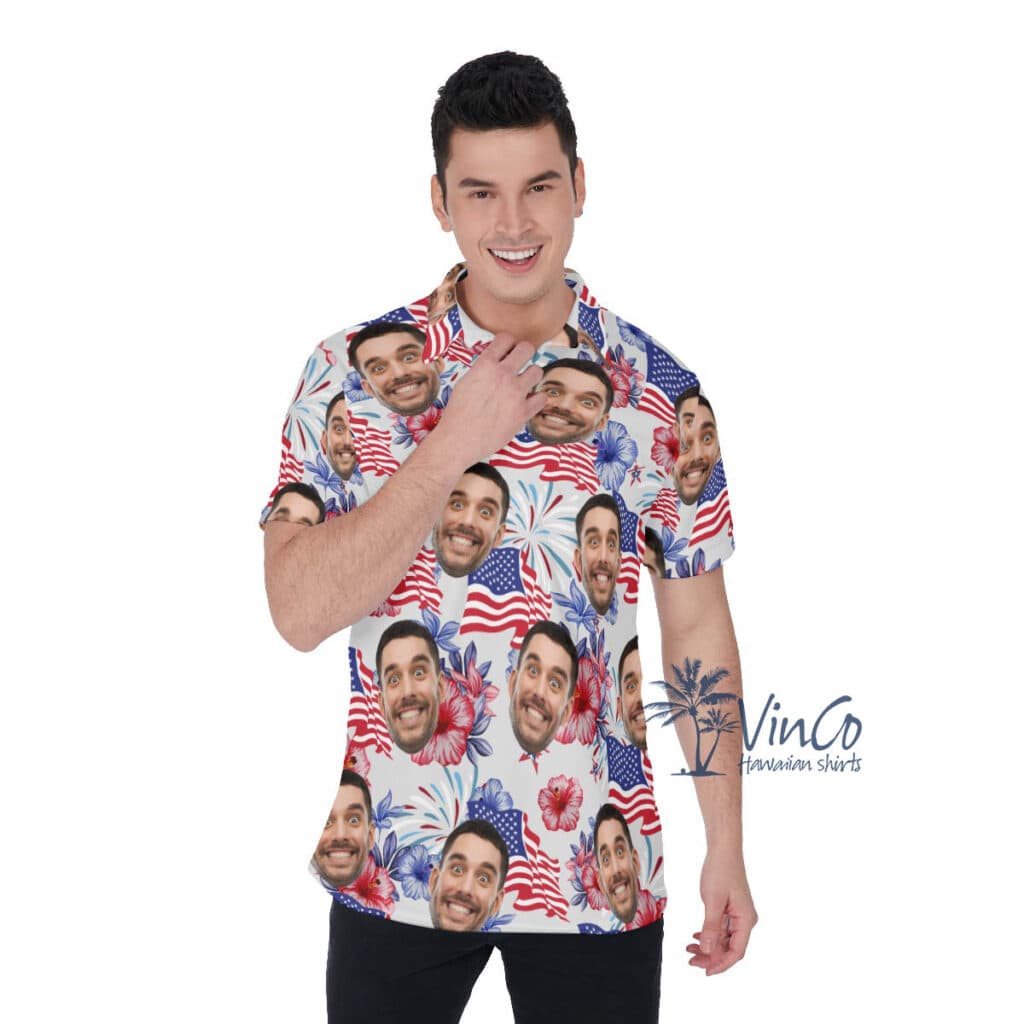American Flag Floral Custom Face Hawaiian Polo Shirt For Men