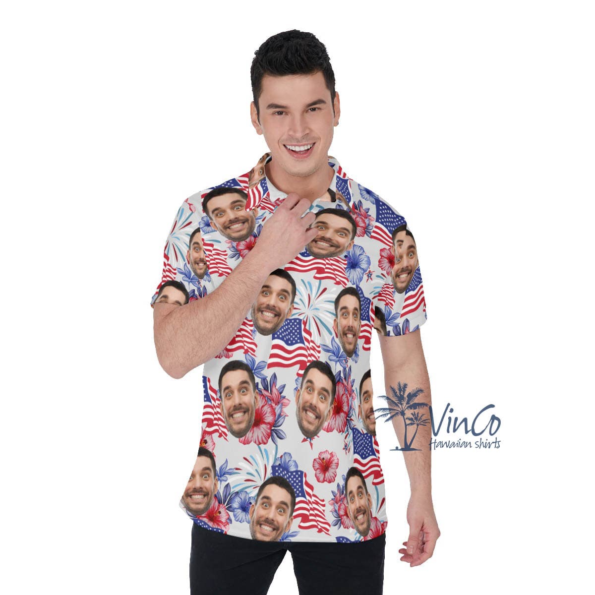 American Flag Floral Custom Face Hawaiian Polo Shirt For Men