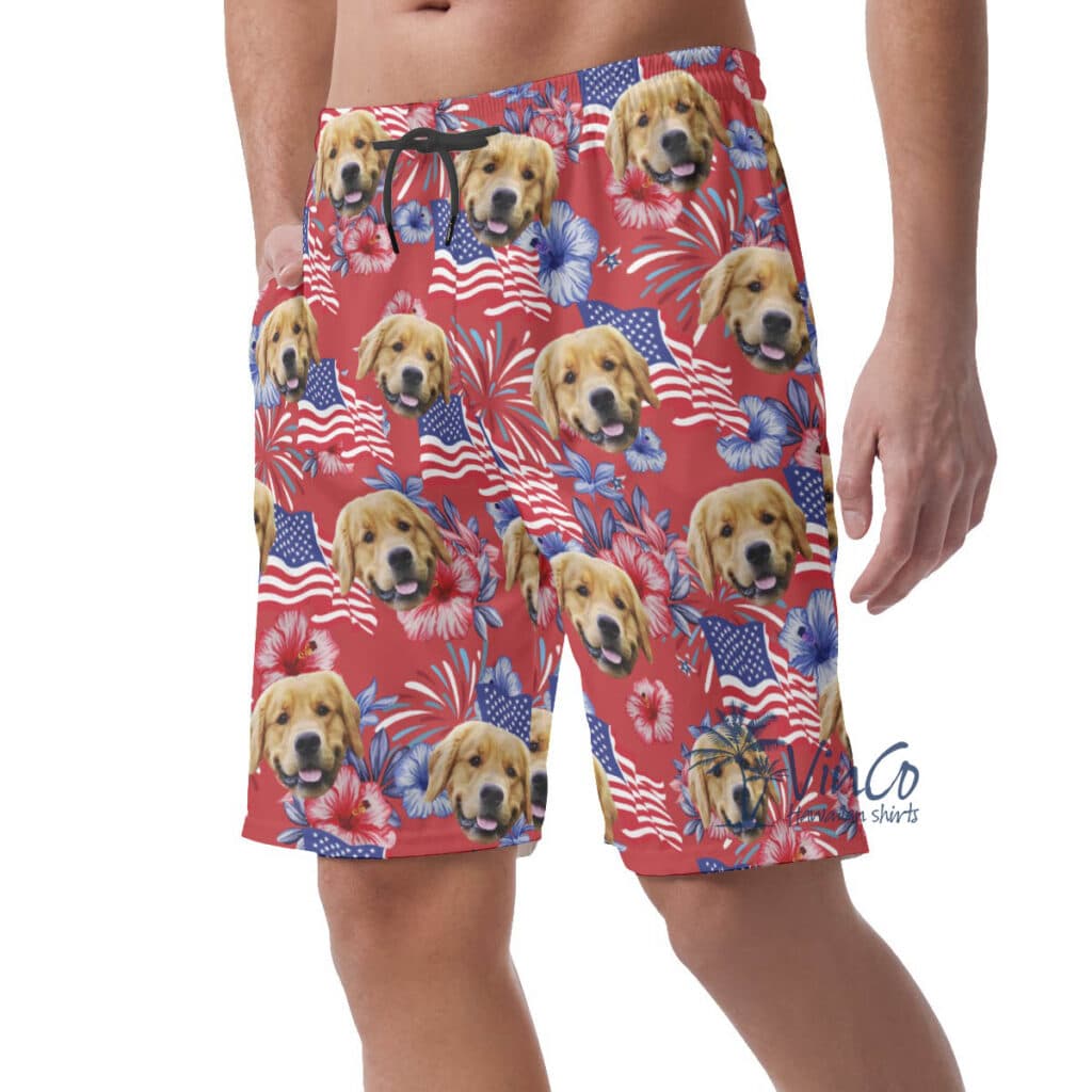 American Flag Floral Hawaiian Beach Shorts With Custom Dog Face