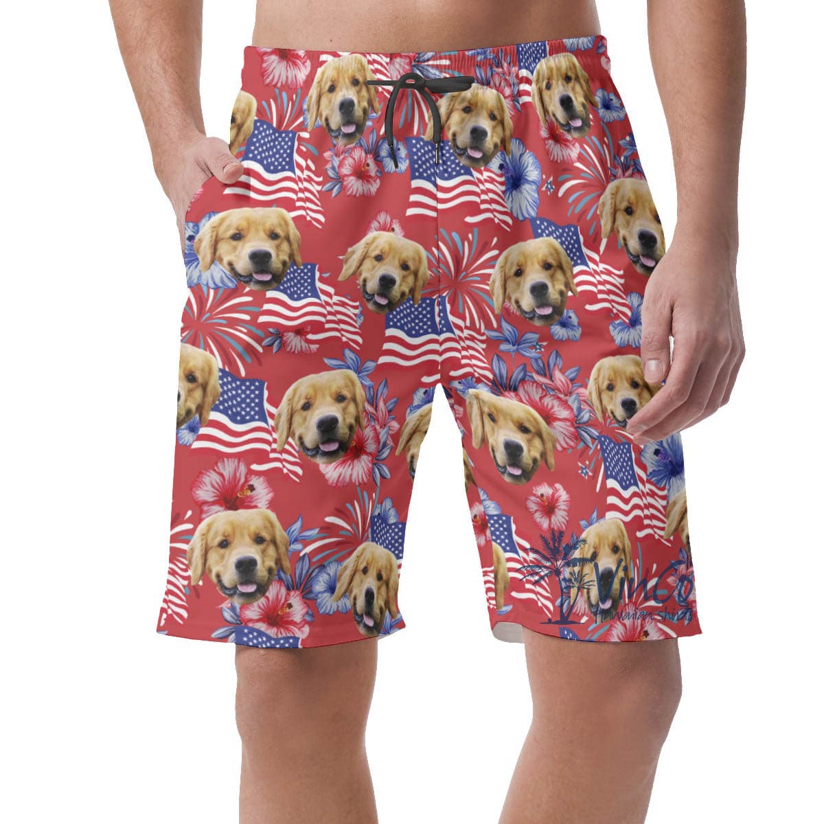 American Flag Floral Hawaiian Beach Shorts With Custom Dog Face