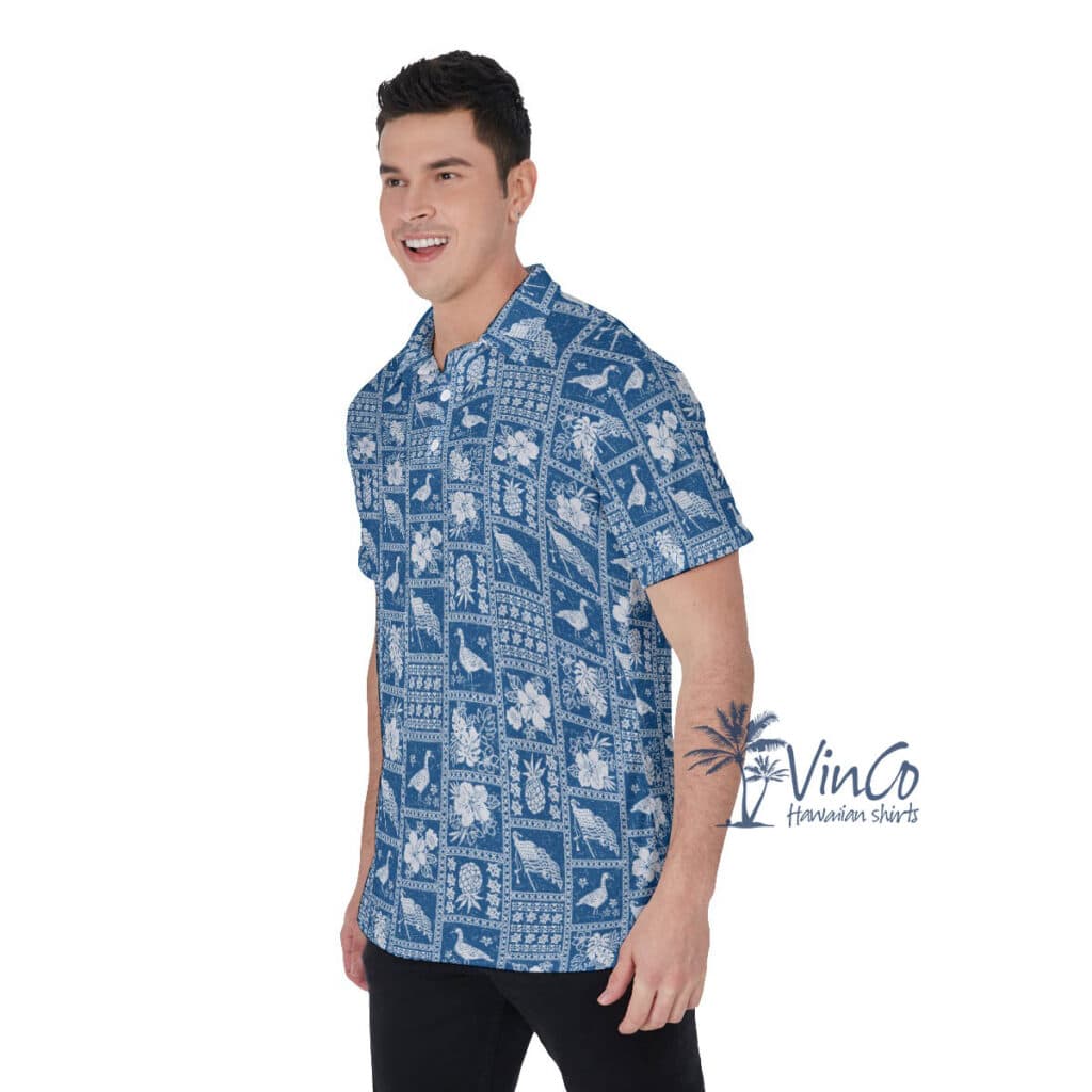 American Flag Hawaiian Goose Blue Golf Shirt For Men
