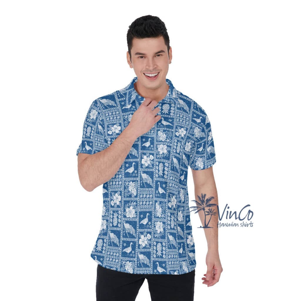 American Flag Hawaiian Goose Blue Golf Shirt For Men