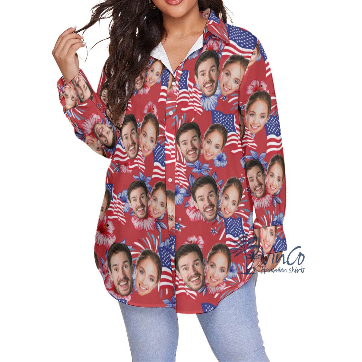 American Flag Patriotic Red Hawaiian Plus Size Shirt With Custol Multiple Faces
