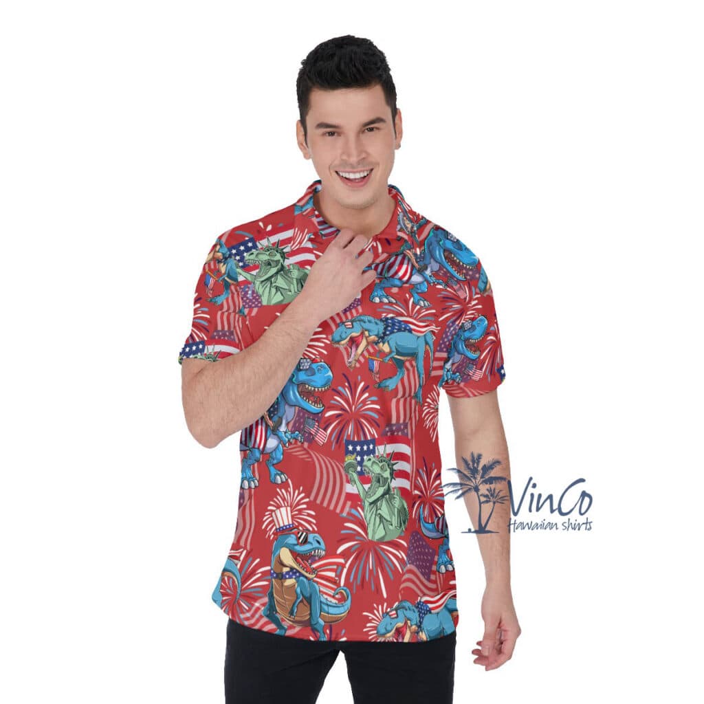 Amerisaurus Rex 4th Of July Hawaiian Polo Shirt For Men