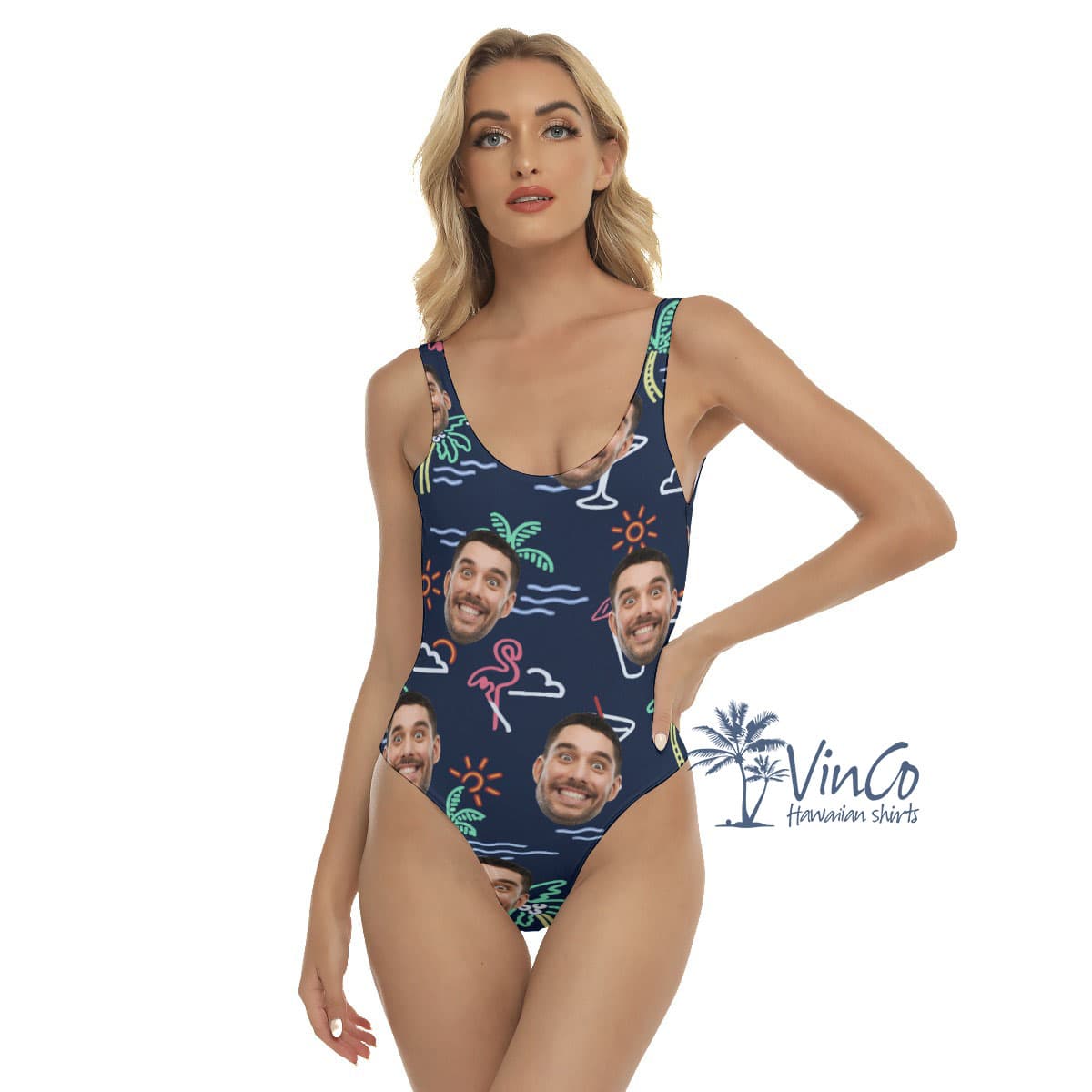 Beach Flamingo Custom Face Women's Swimsuit With Preview (2)