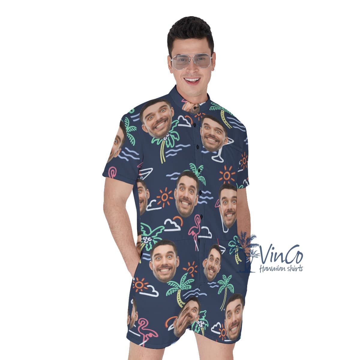 Beach Flamingo Custom Hawaiian Romper With Face (2)