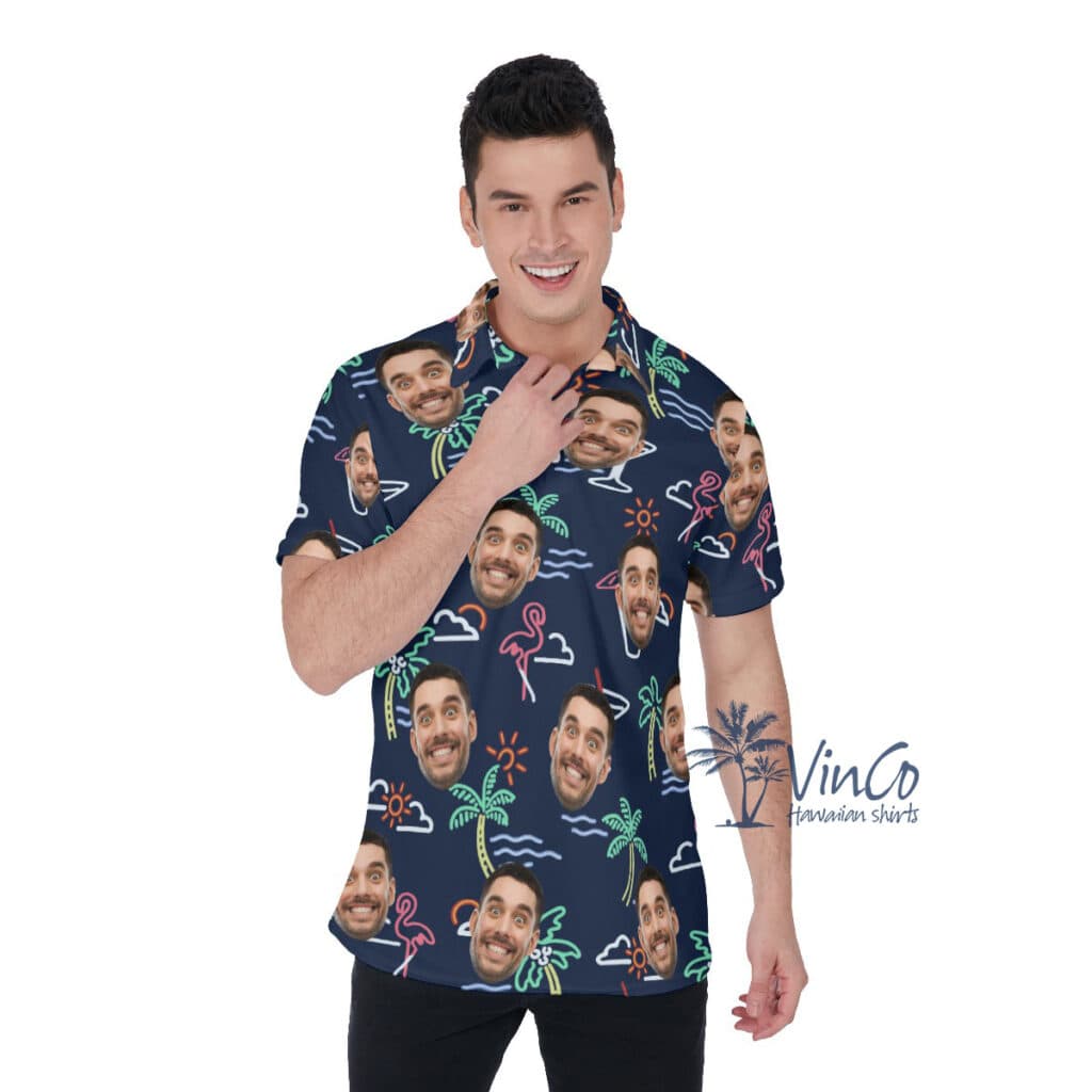 Beach Flamingo Personalized Hawaiian Polo Shirt With Face (3)