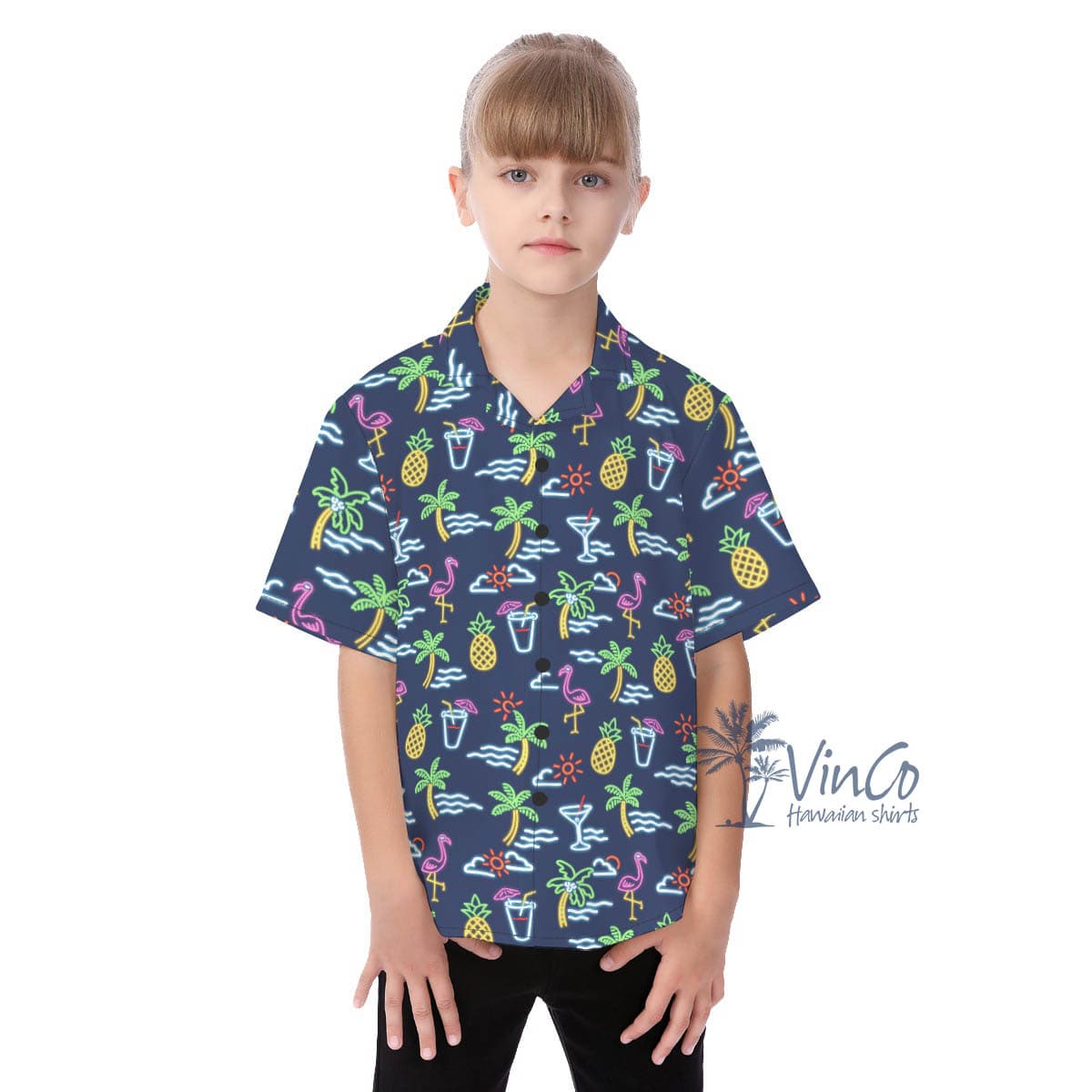 Beach Party Flamingo Hawaiian Button Up Shirt For Kids (2)