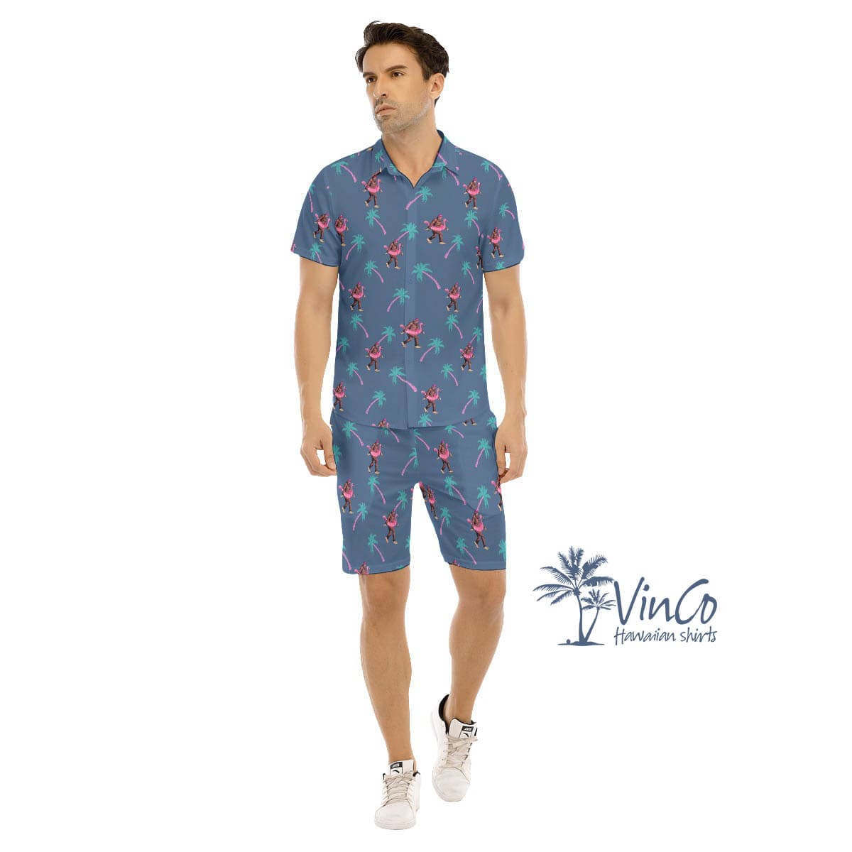 Bigfoot Flamingo Tropical Hawaii Shirt Shorts Set For Men (2)