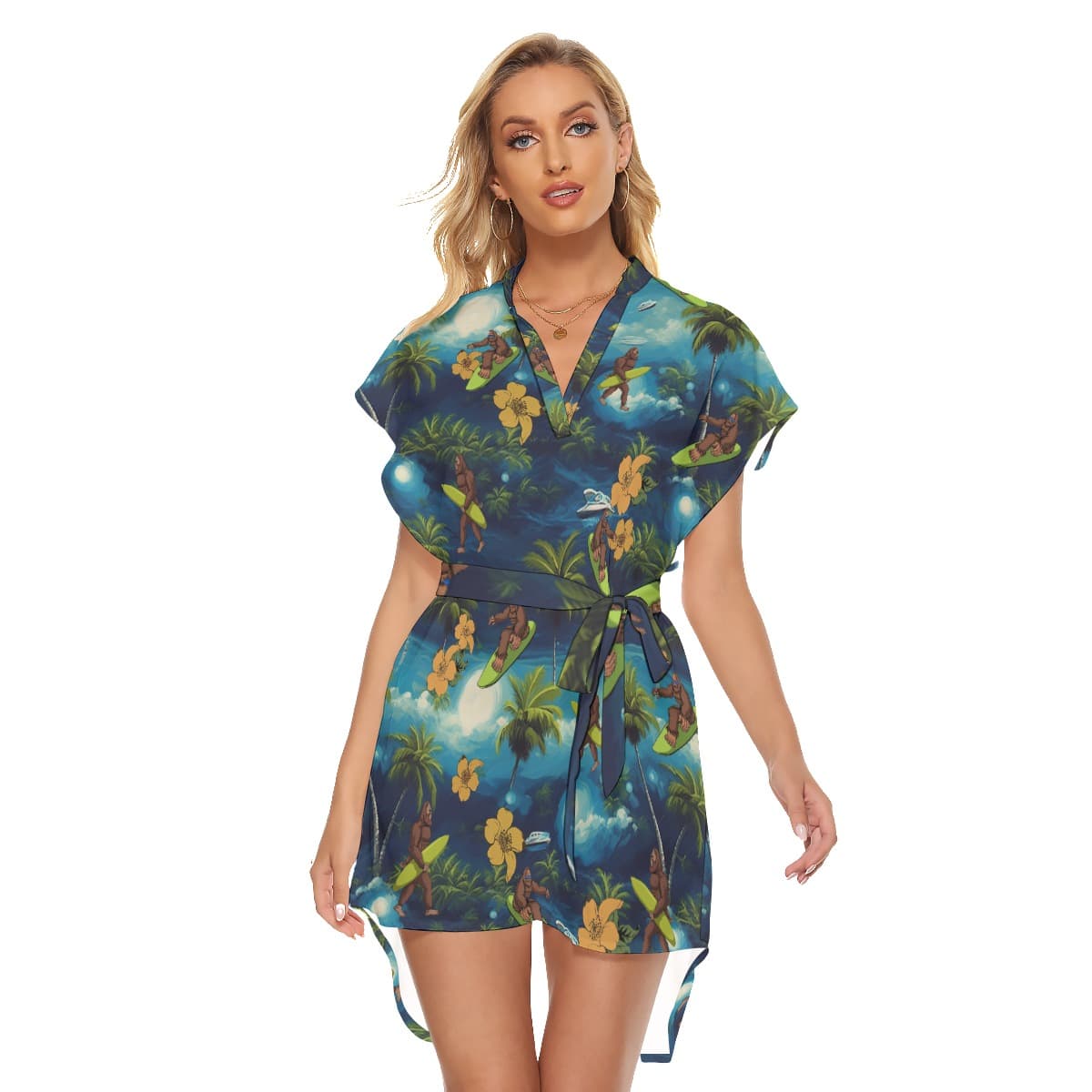 Bigfoot Surfing Tropical Hawaiian Dress With Belt (1)