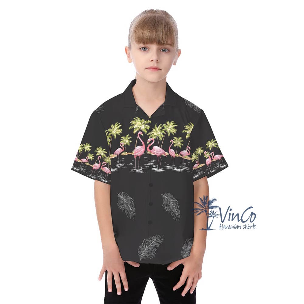 Black Flamingo Hawaiian Button Shirt For Kids (1)