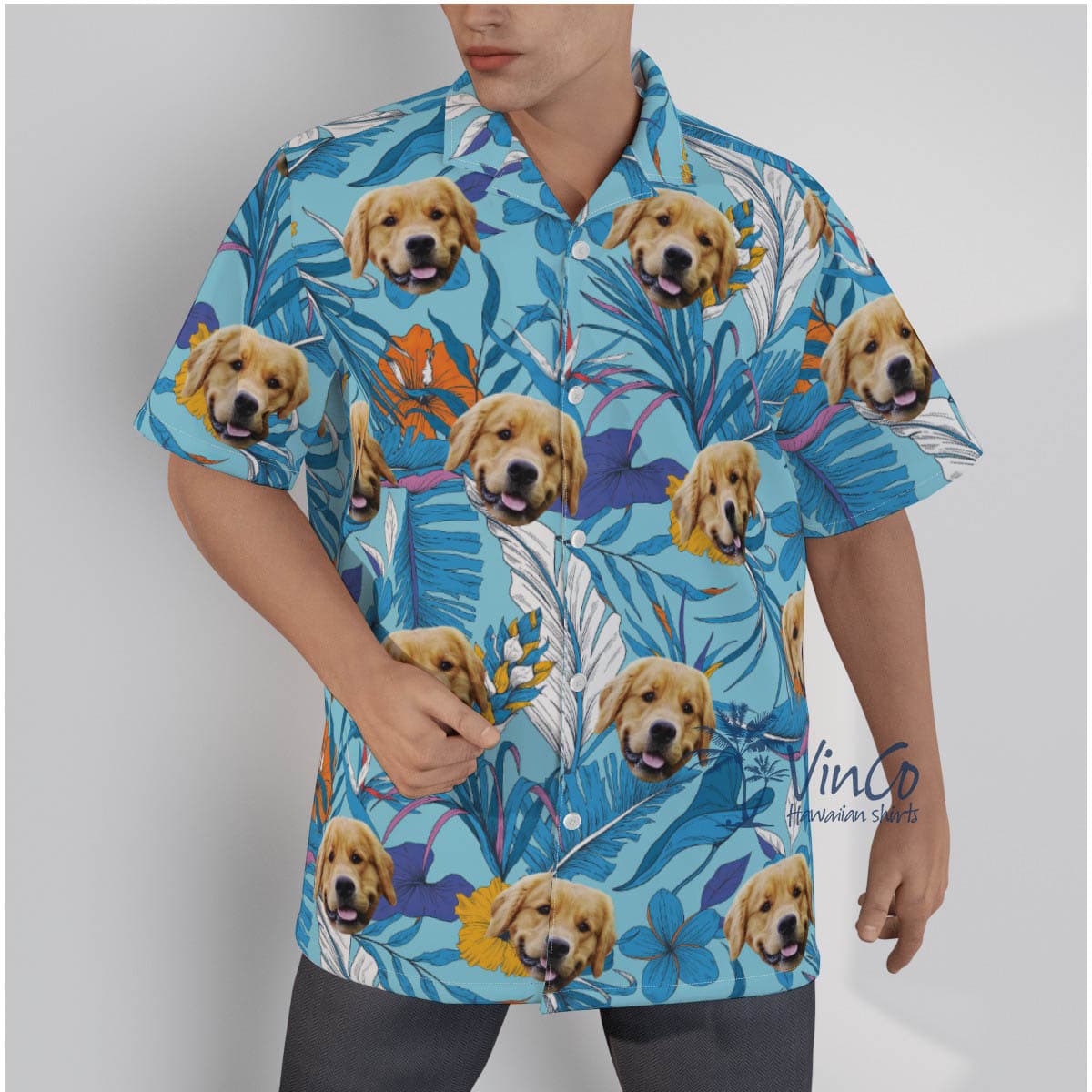 Blue Custom Hawaiian Shirt With Dog Face For Men (1)