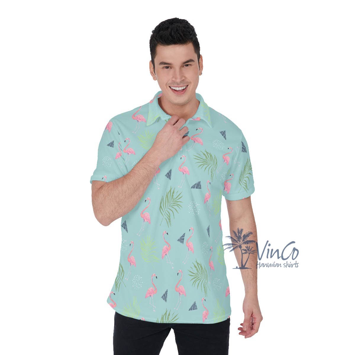 Blue Flamingo Hawaiian Polo Shirt For Men (4)