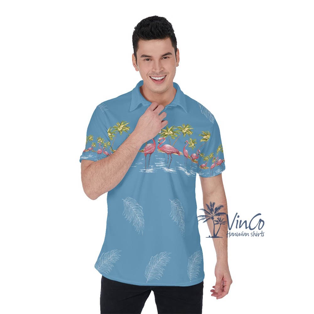 Blue Vintage Flamingo Hawaiian Polo Shirt For Men (1)