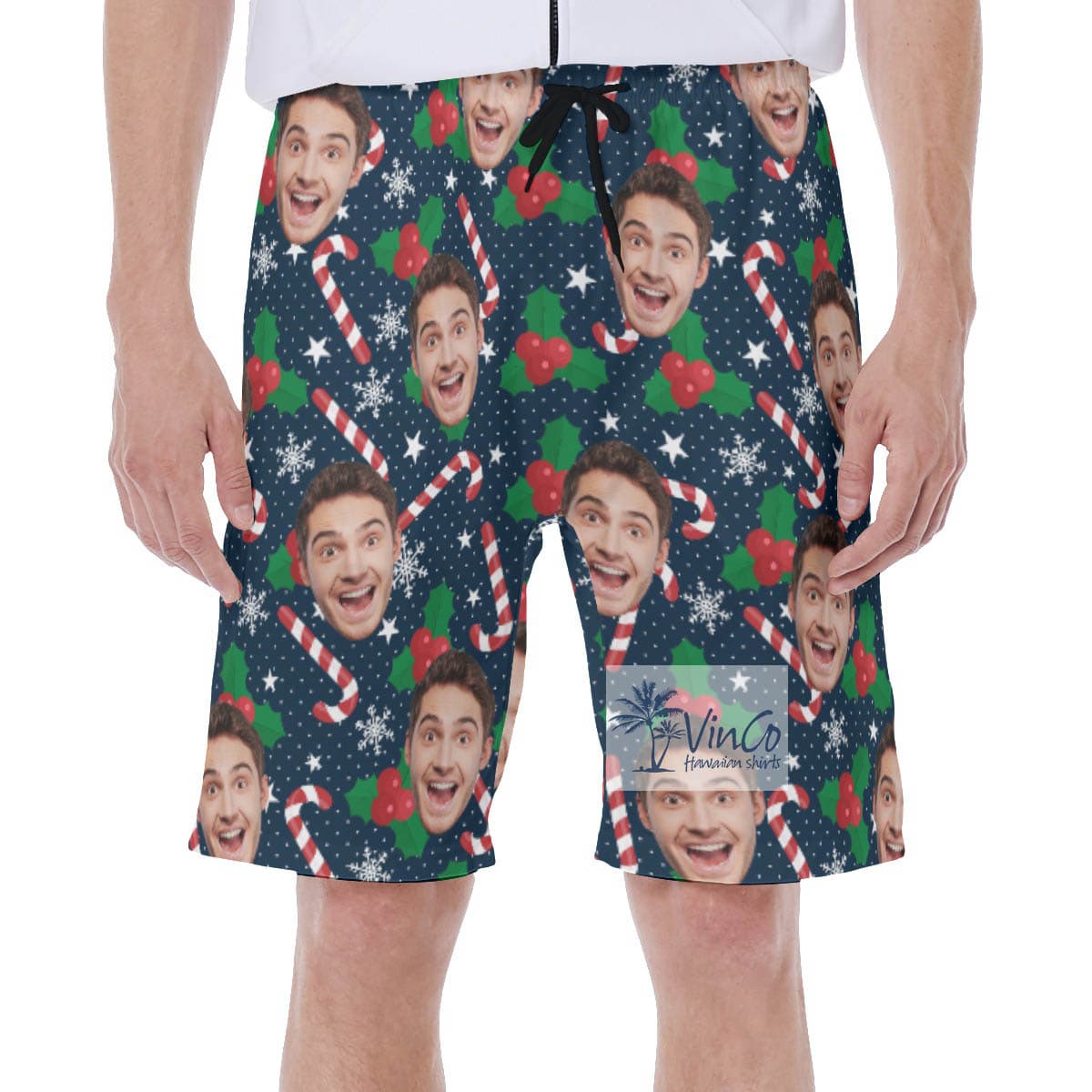 Candy Cane Christmas Hawaiian Swim Trunks With Custom Face