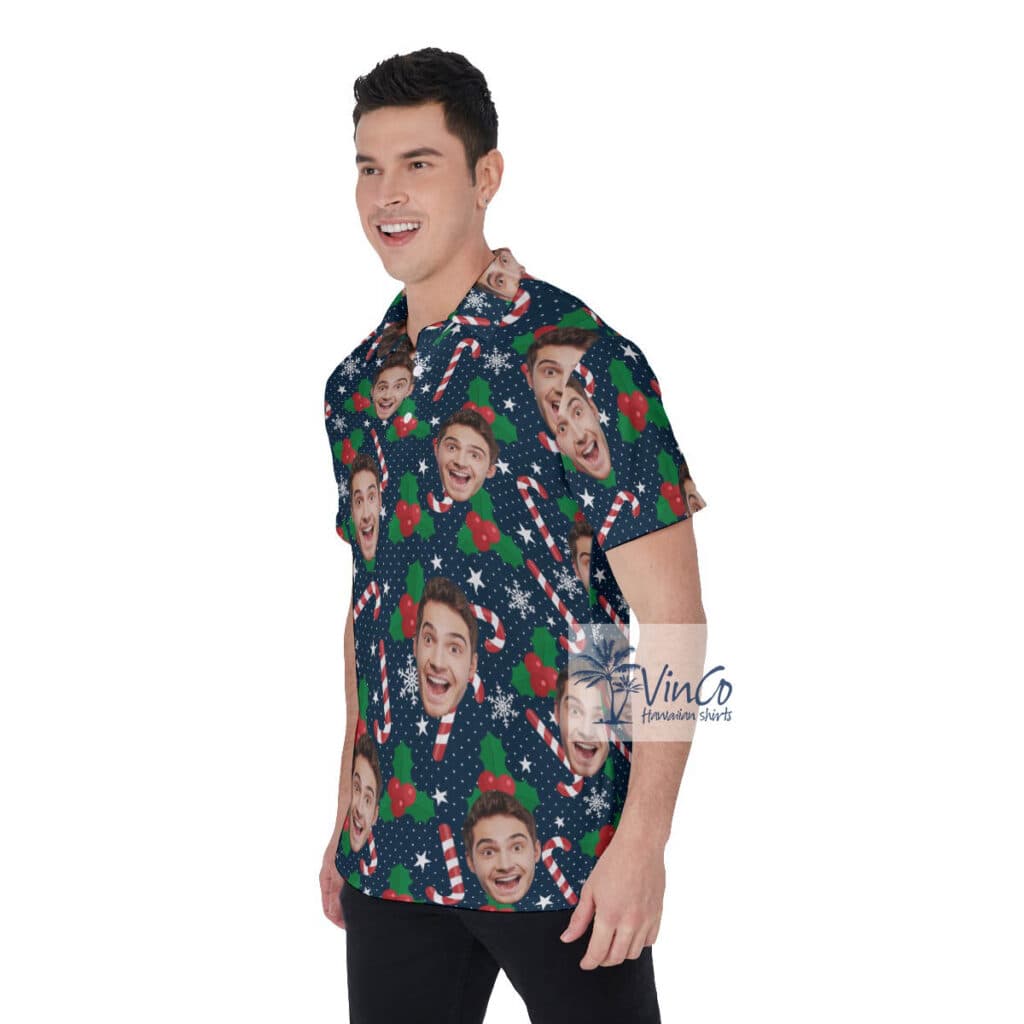 Christmas Candy Cane Hawaiian Polo Shirt With Custom Face