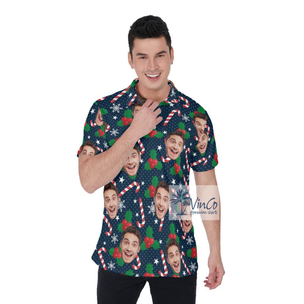 Christmas Candy Cane Hawaiian Polo Shirt With Custom Face