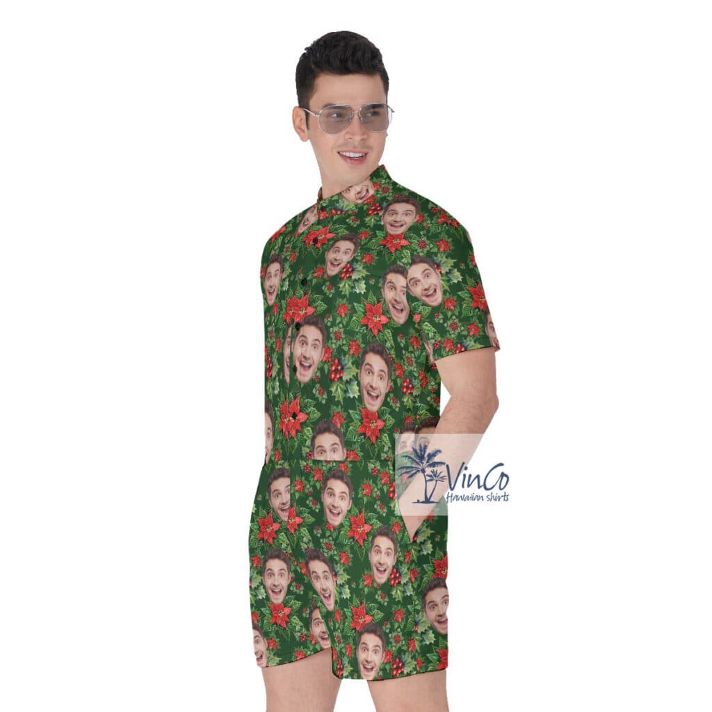 Christmas Floral Poinsettia Men's Hawaiiam Romper With Custom Face