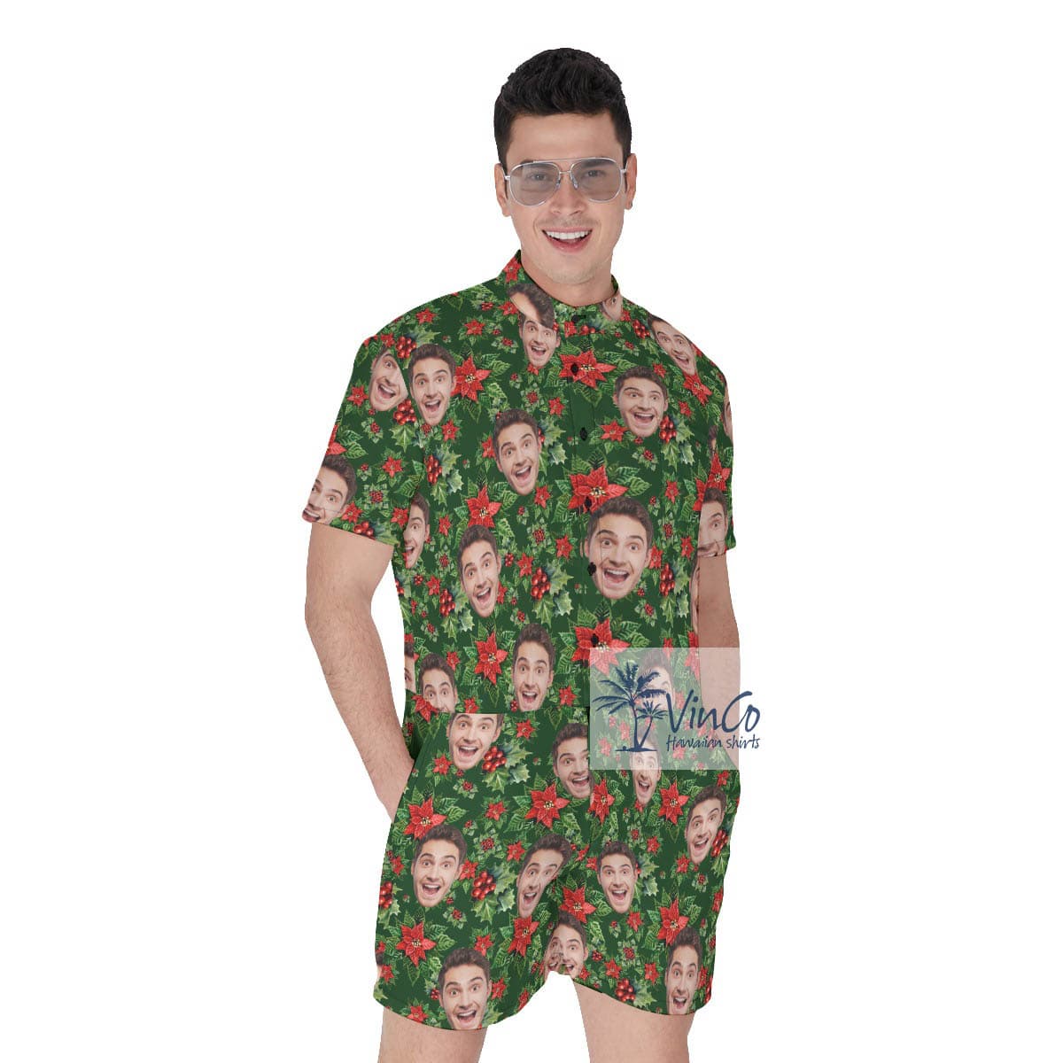 Christmas Floral Poinsettia Men's Hawaiiam Romper With Custom Face