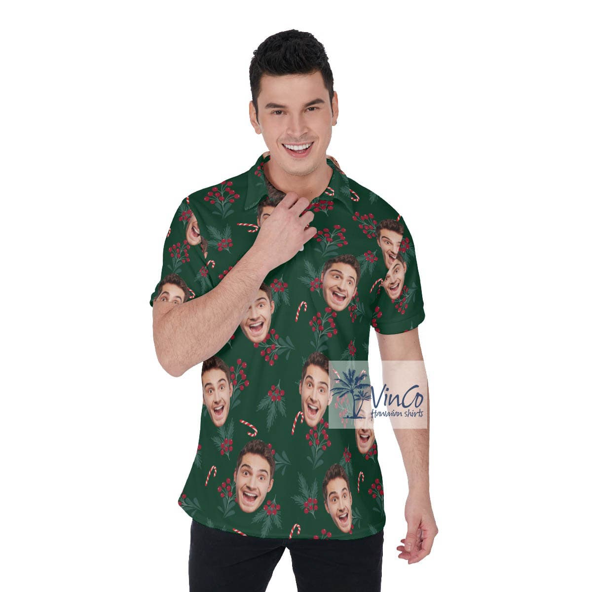 Christmas Holly Berries Hawaiian Polo Shirt With Custom Face