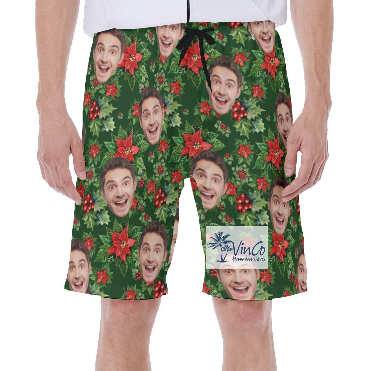 Christmas Poinsettia Hawaiian Swim Trunks With Custom Face