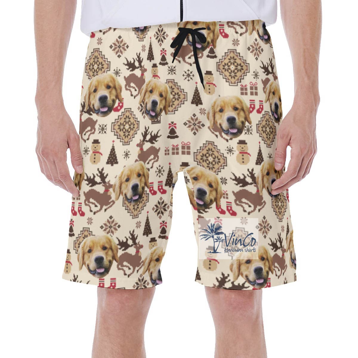 Christmas Reindeer And Snowman Custom Dog Face Hawaiian Swimwear For Men