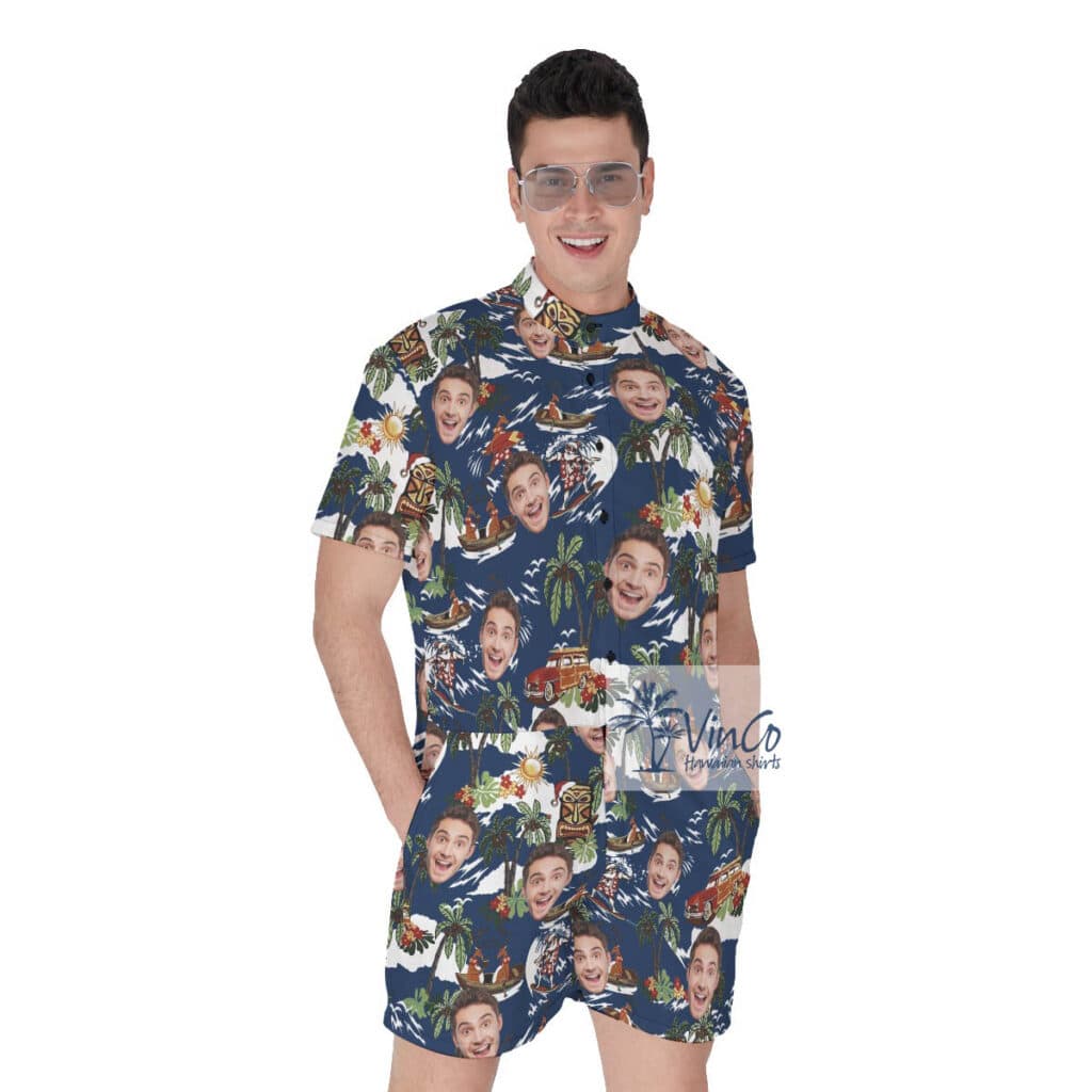 Christmas Reindeer Surfing Tropical Hawaiian Romper With Custom Face