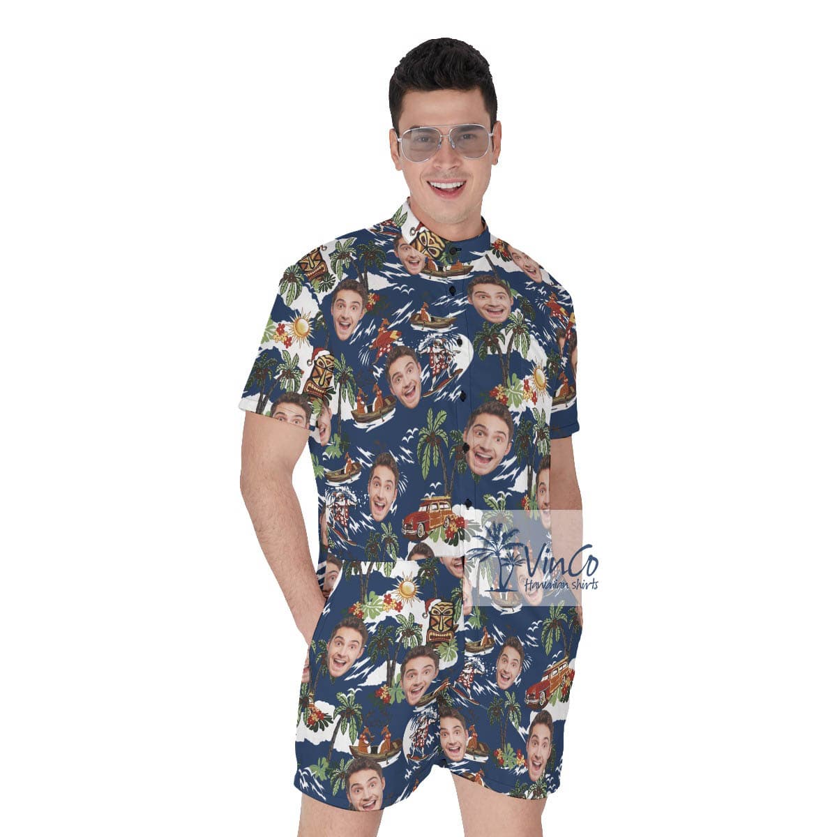 Christmas Reindeer Surfing Tropical Hawaiian Romper With Custom Face