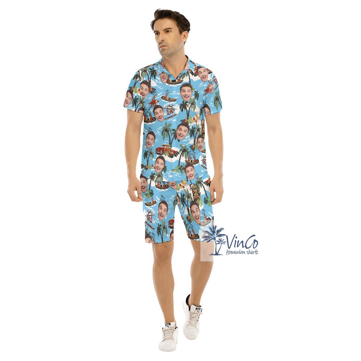 Christmas Reindeer Surfing Tropical Hawaiian Shirt And Shorts With Custom Face (3)