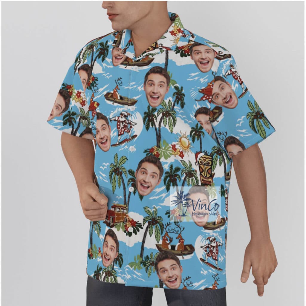 Christmas Reindeer Surfing Tropical Hawaiian Shirt With Custom Face
