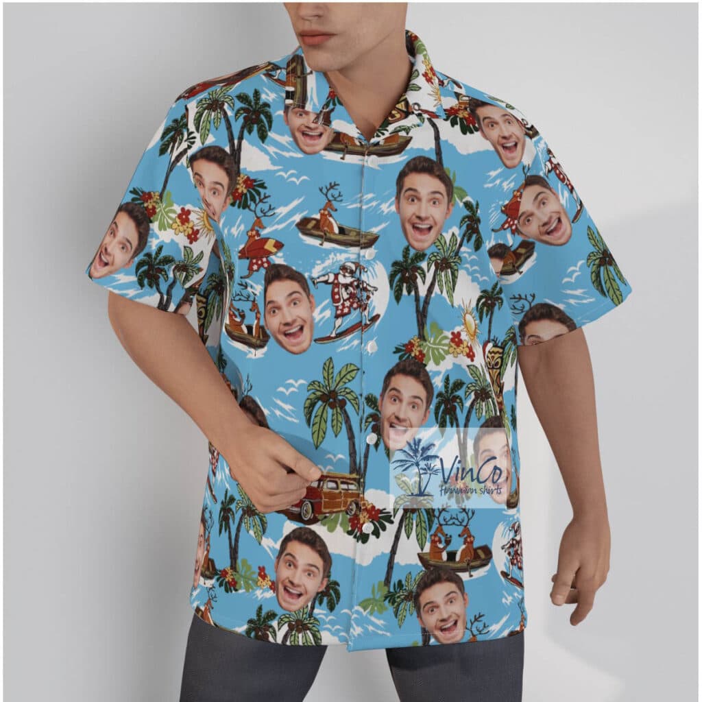 Christmas Reindeer Surfing Tropical Hawaiian Shirt With Custom Face