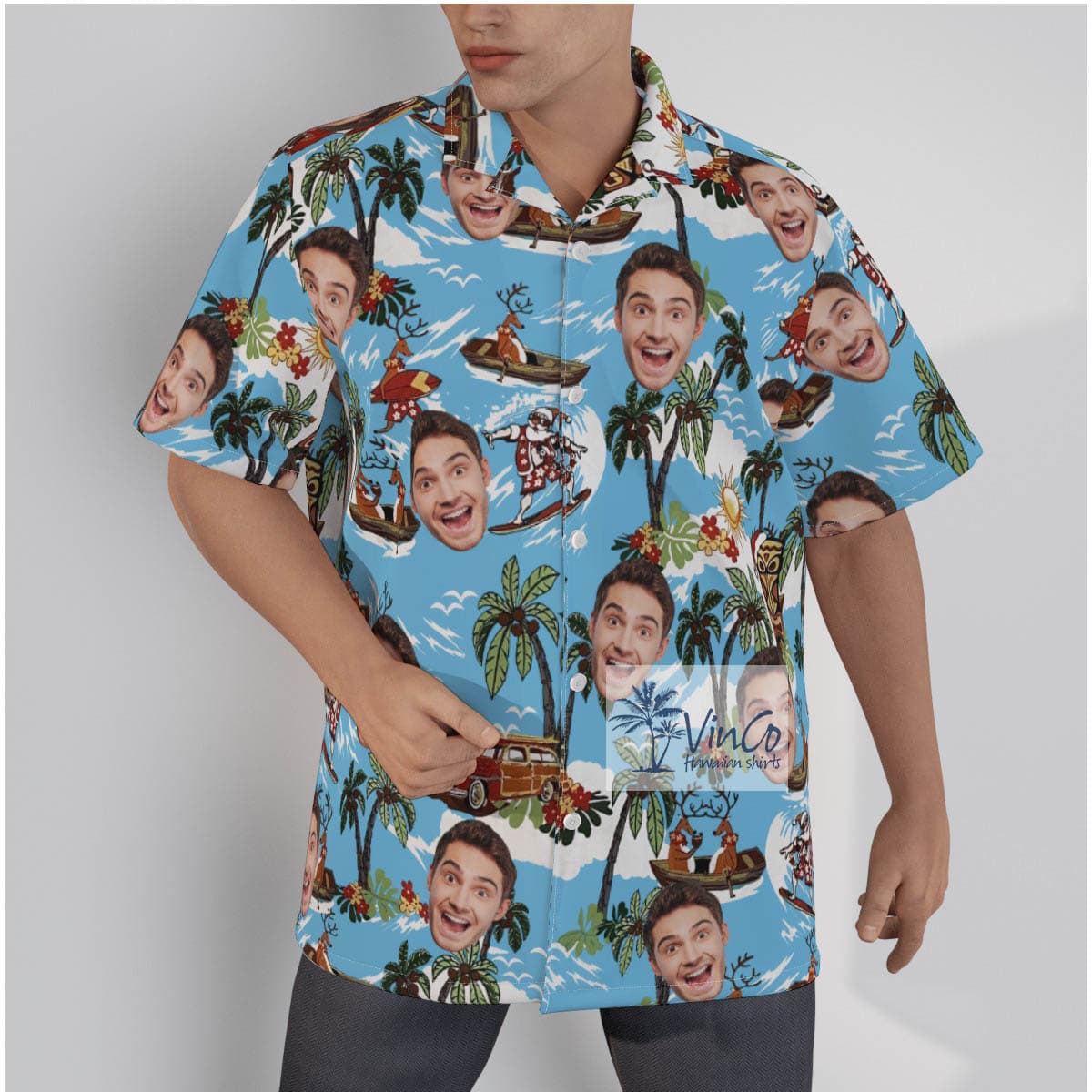 Christmas Reindeer Surfing Tropical Hawaiian Shirt With Custom Face