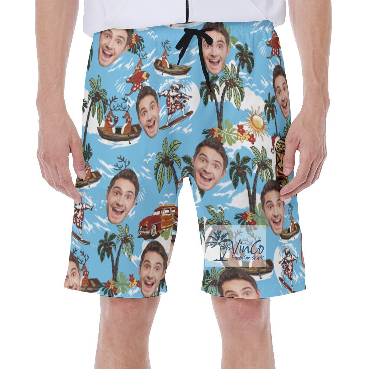 Christmas Reindeer Surfing Tropical Hawaiian Swim Trunks With Custom Face
