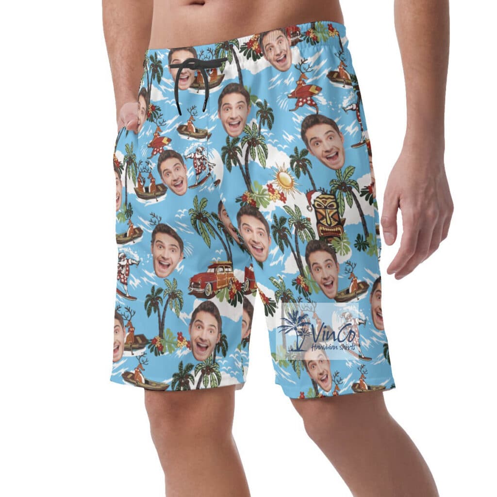 Christmas Reindeer Tropical Custom Face Hawaiian Beach Shorts For Men