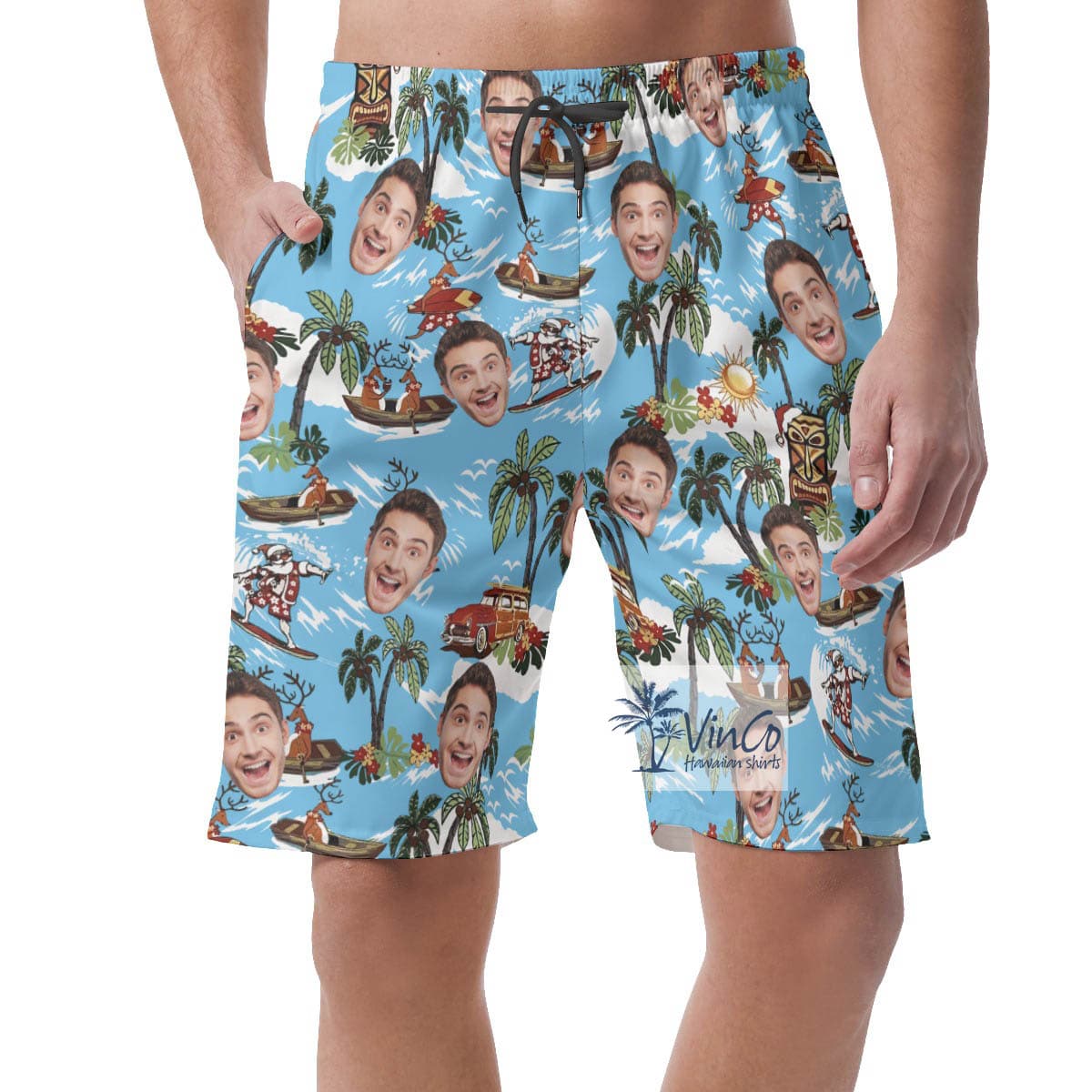 Christmas Reindeer Tropical Custom Face Hawaiian Beach Shorts For Men