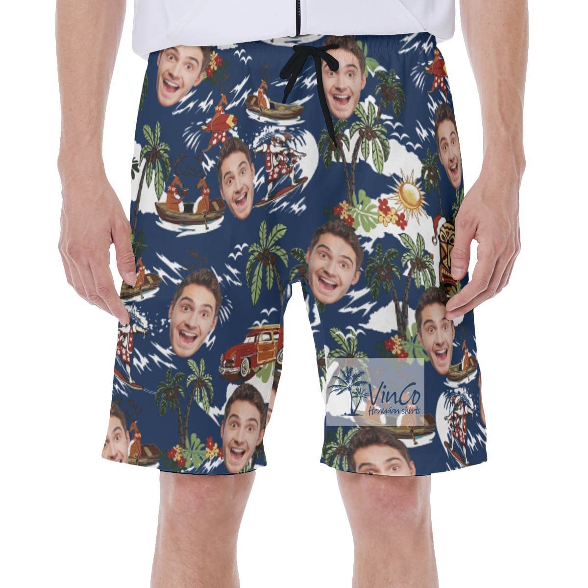 Christmas Reindeer Tropical Hawaiian Swim Trunks With Custom Face