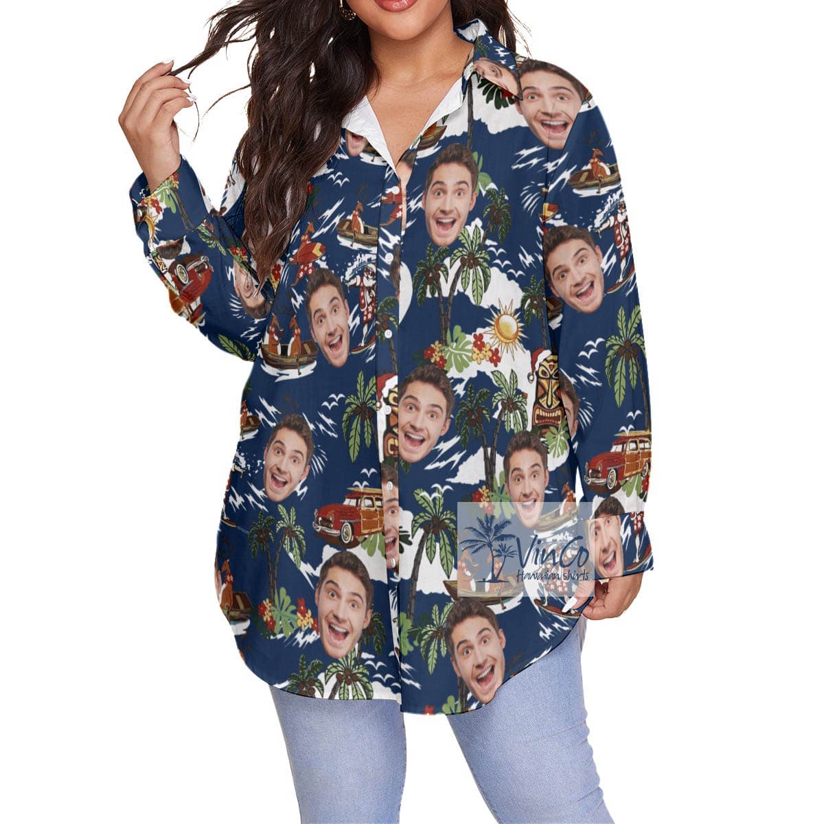 Christmas Reindeer Tropical Plus Size Aloha Shirt With Custom Face (4)