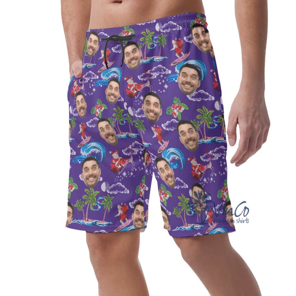 Christmas Santa Claus Custom Face Hawaiian Beach Shorts For Men