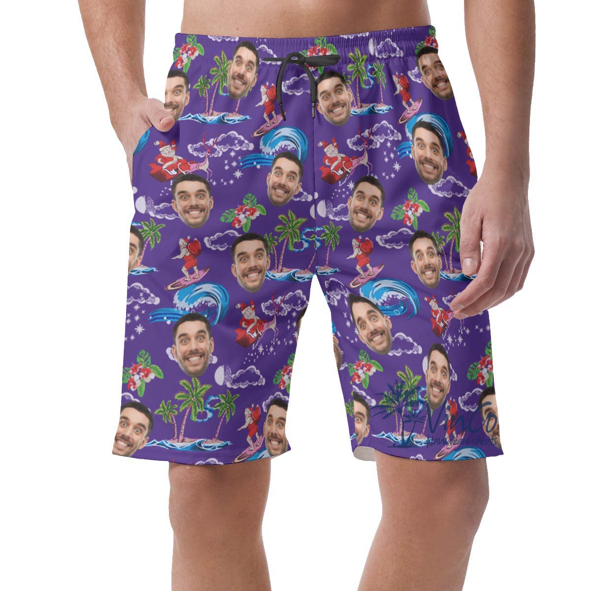 Christmas Santa Claus Custom Face Hawaiian Beach Shorts For Men
